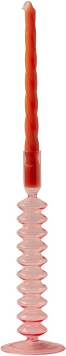 WinQ – Vrolijke ronde Glas Kaarsenhouder in de kleur Pink - 9x29,5cm- Kaarsenstandaard glas voor 1 kaars – Decoratie woonkamer – Dinerkaars
