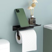 Toiletpapierhouder, van ruimte-aluminium, wandhouder, rolhouder met ruim plateau, wandhouder voor toilet en keuken, zonder boren, met plateau (zwart)