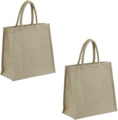 2x Jute boodschappentassen/strandtassen 35 x 34 cm naturel - Draagtassen met hengsels - Eco - Milieubewust - Trendy tas