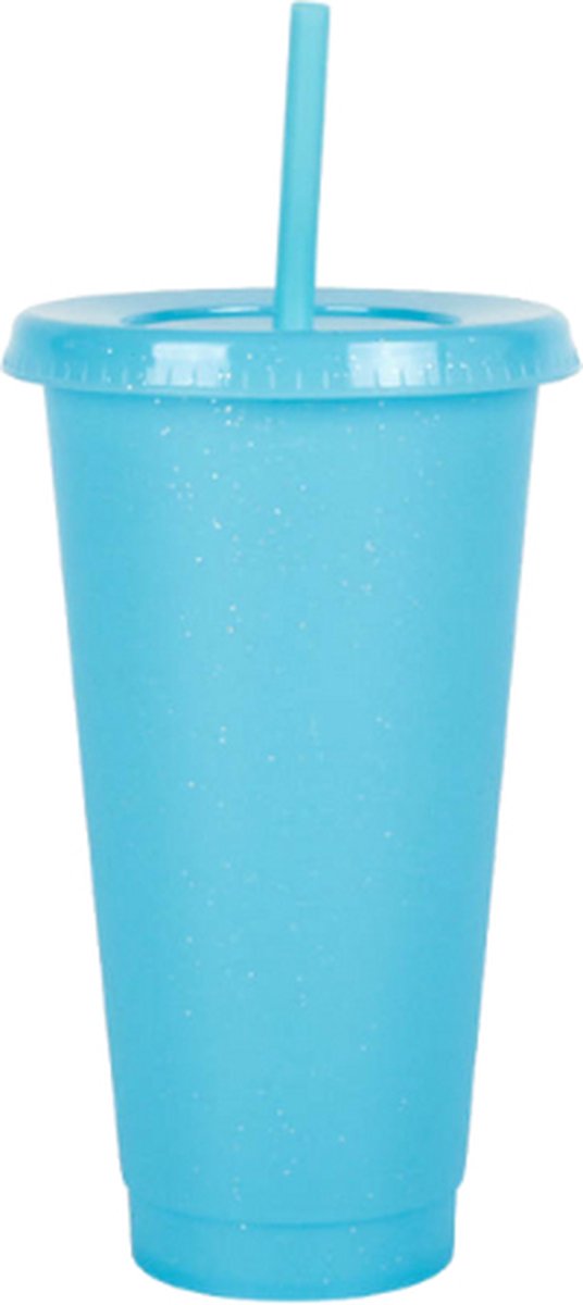 Brash - Herbruikbare drinkbeker - Drinkfles met deksel en rietje - Starbucks look a like beker - Drinkbeker - Glitter Blauw - 710ML