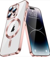 Samsung Galaxy S23 Ultra Magnetisch Hoesje Met Lensbeschermer- Magsafe - Magneet Case Met Ring en camera cover transparant met gekleurde rand - roze