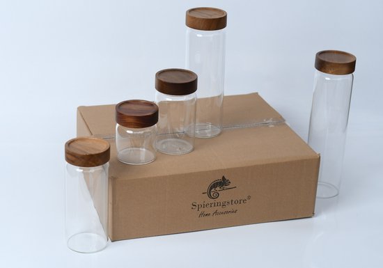 Verres en verre avec couvercle en bois d'acacia - 5 pièces