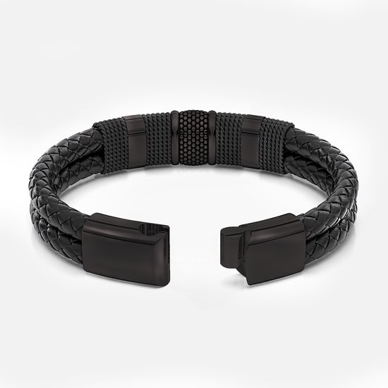 Malinsi Armband Heren - Zwart RVS en Zwart Leer - 20 cm + 2 cm verlengstuk - Armbandje Mannen - Malinsi