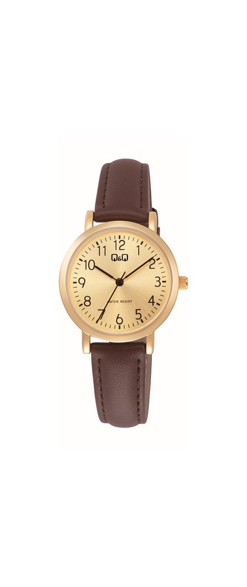 QQ C35A-012PY - Horloge - Vrouwen - Dames - Leren band - Rond - Metaal - Cijfers - Bruin - Goudkleurig