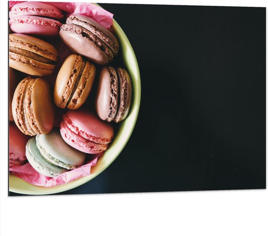 Dibond - Macarons - Bakje - Smaken - Kleuren - 100x75 cm Foto op Aluminium (Wanddecoratie van metaal)