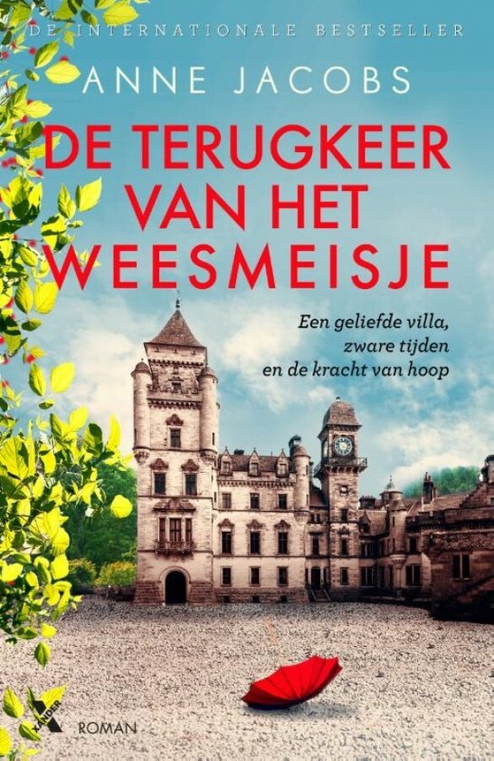 Boek 'De terugkeer van het weesmeisje' met een kasteel en een rode paraplu.