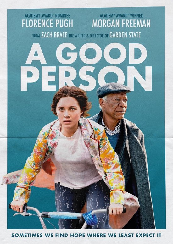 Film poster: Florence Pugh op een fiets, met Morgan Freeman erachter. Met tekst.