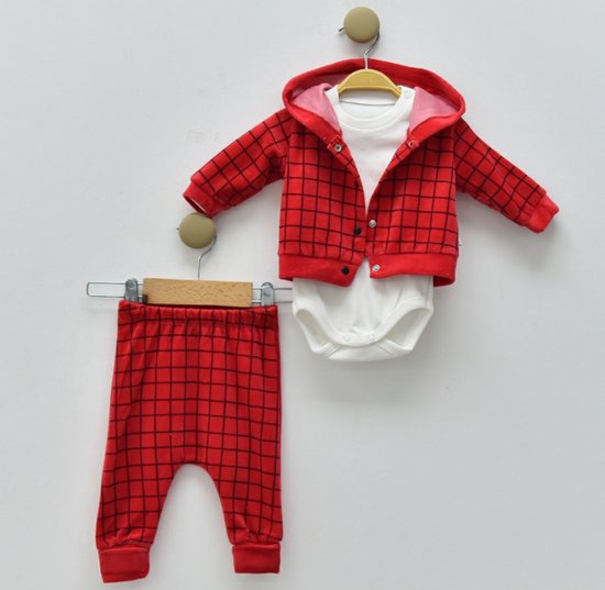 Baby Jongens 3 pce Kledingset - babykleertje - babykleding - rood - Maat: 62 - velours - capuchon
