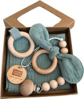 Baby Geschenkset - 3-delige set - Kraamcadeau - babyshower- gender reveal - Unisex baby cadeau - kraamvisite- jongen - meisje - giftset - bijtring - doorkomende tandjes - speenkoord - speenketting - knuffeldoekje