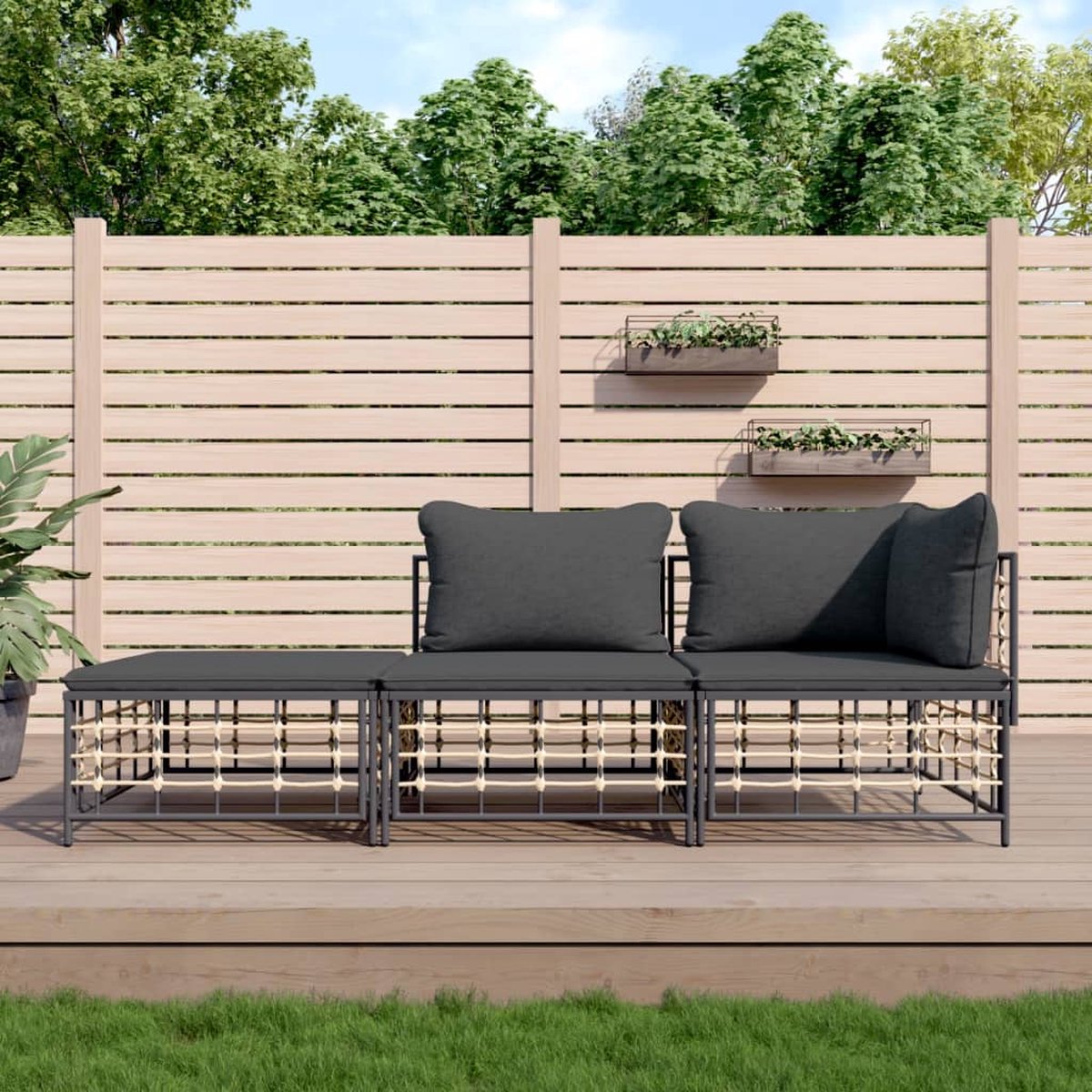 The Living Store Hoekbank Lounge - Antraciet - Poly rattan - 72x72x66 cm - Weerbestendig Hoeken Bank Lounge Set - Loungebank Antraciet - Tuinset - Buitenshuis Wonen - Polyrattan Meubel - Hocker - Relaxstoel