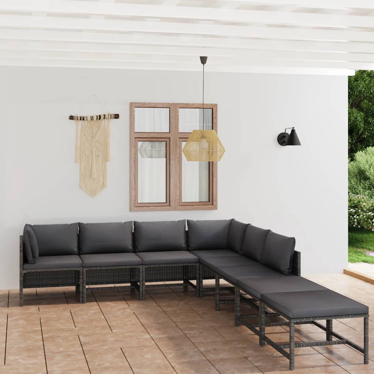 The Living Store 8-delige Loungeset met kussens poly rattan grijs - Loungehoek - Tuinset - Buitenmeubilair - Tuinstoel - Loungebank