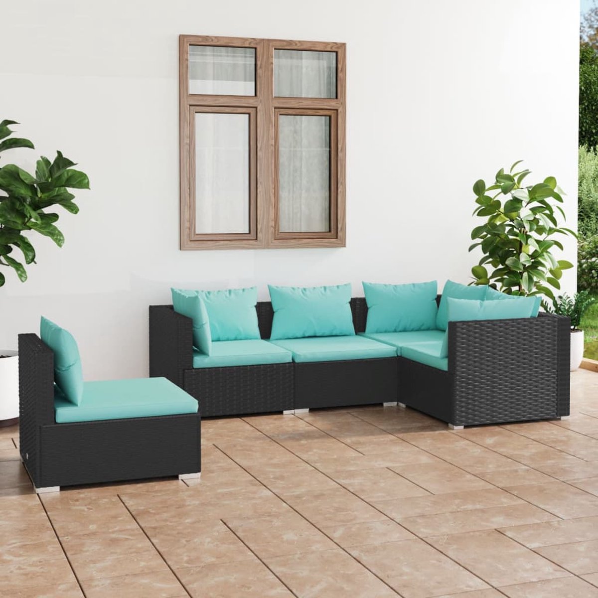 The Living Store 5-delige Loungeset met kussens poly rattan zwart - Loungeset - Tuinmeubels - Lounge Set - Buitendecoratie - Outdoor Furniture