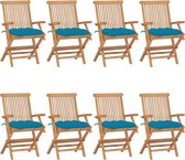 The Living Store Tuinstoelenset - Teakhout - 8 stoelen - Lichtblauw kussen