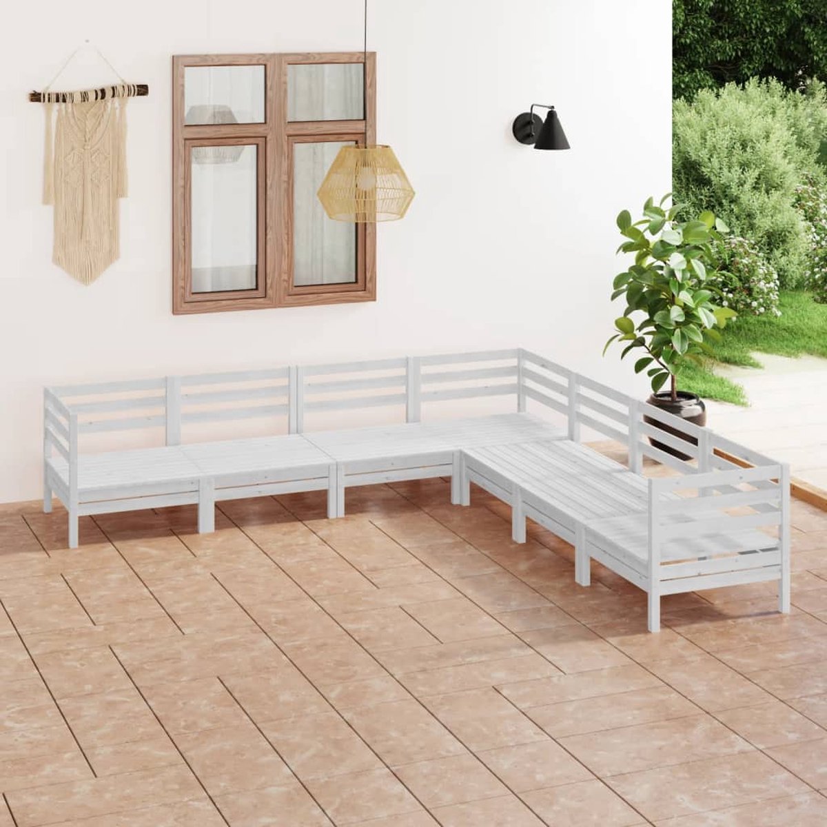 The Living Store 7-delige Loungeset massief grenenhout wit - Tuinmeubles - Lounge Set - Houten Bank - Buitendecoratie - Balkon Decoratie