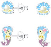 Joy|S - Zilveren zeemeermin en schelp oorbellen - set 2 paar - oorknoppen - kinderoorbellen