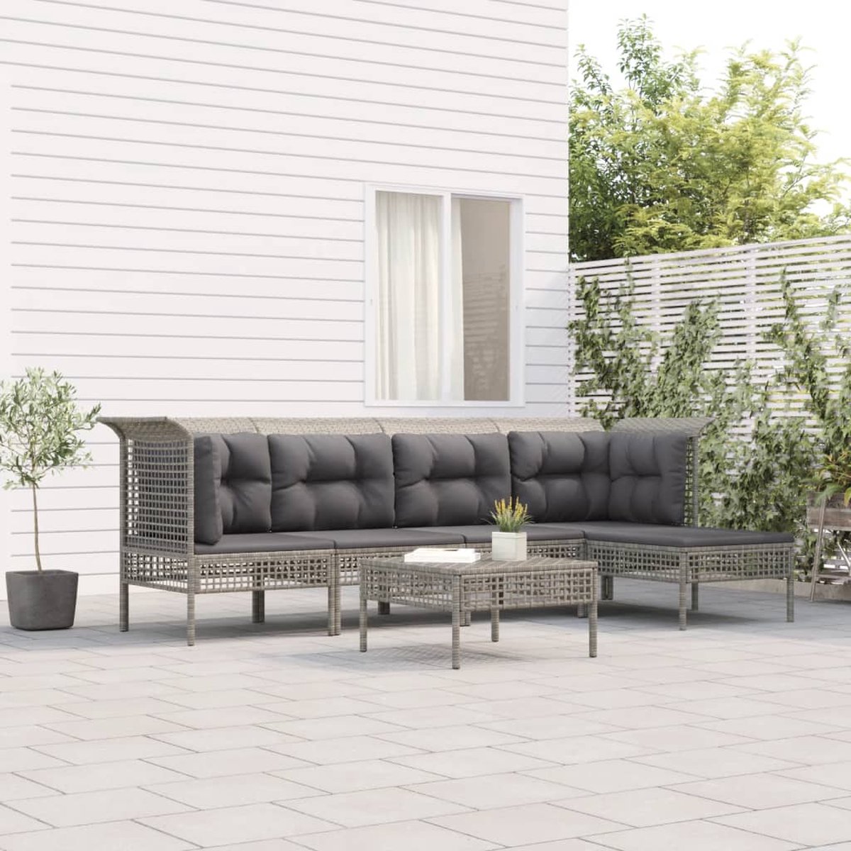 The Living Store 6-delige Loungeset met kussens poly rattan grijs - Tuin Lounge Set - Loungebank - Outdoor Furniture - Patio Set - Garden Sofa