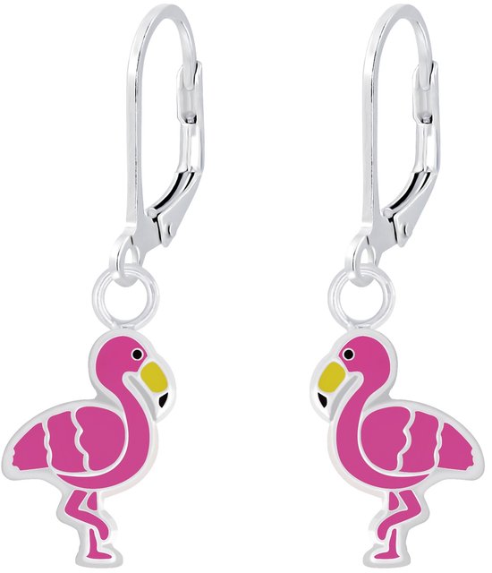 Joy|S - Zilveren flamingo oorbellen - roze vogel - leverback sluiting