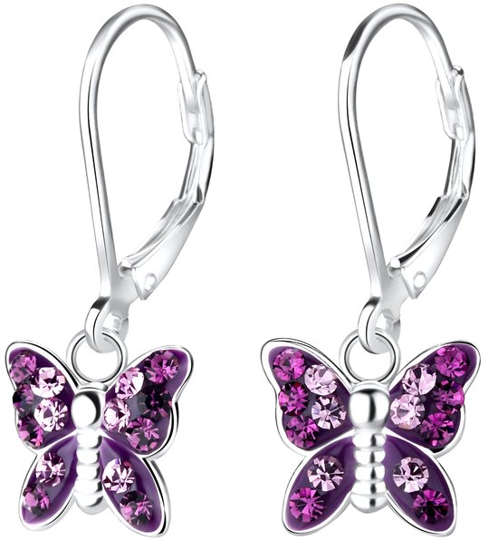 Pendentifs d'oreilles en argent avec breloque papillon violette ornée de cristaux violets et lilas.