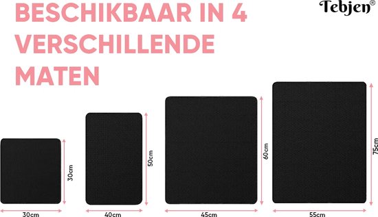 Zwarte kattenbakmatten in 4 maten: 30x30cm, 40x50cm, 45x60cm en 55x75cm.