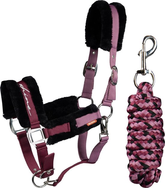 Paars halster met zwarte fleece voering en bijpassend paars/roze gevlochten halster.