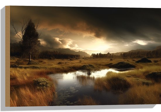 Hout - Landschap - Gras - Bomen - Wolken - Water - 60x40 cm - 9 mm dik - Foto op Hout (Met Ophangsysteem)