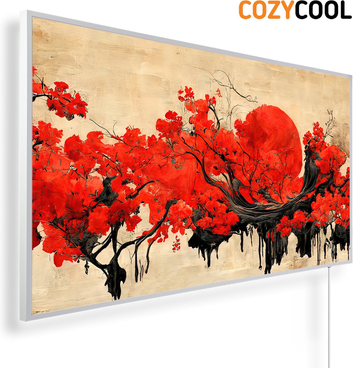 Infraroodpaneel met afbeelding | Traditioneel Chinees inktrood landschap | 1200 Watt | Witte lijst | Infrarood verwarmingspaneel | Infrarood paneel | Infrarood verwarming