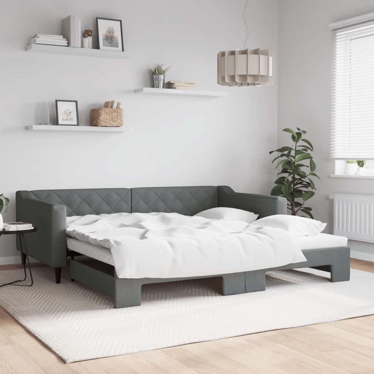 vidaXL Slaapbank - met - onderschuifbed - 100x200 - cm - stof - donkergrijs