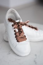 Schoenveters plat satijn luxe - bruin breed - 120cm met antracieten stiften veters voor wandelschoenen, werkschoenen en meer