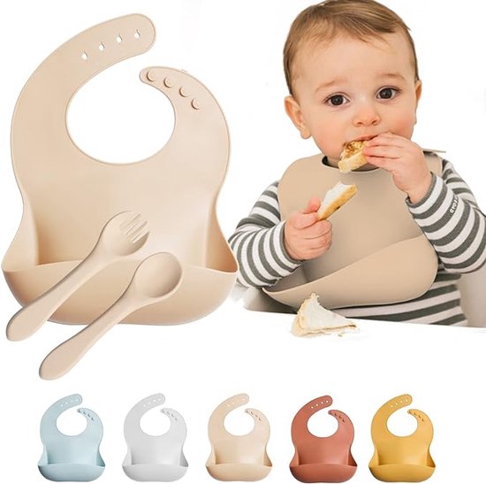 Ensembles d'ustensiles pour tout-petits, bavoir en silicone pour bébé avec  fourchette