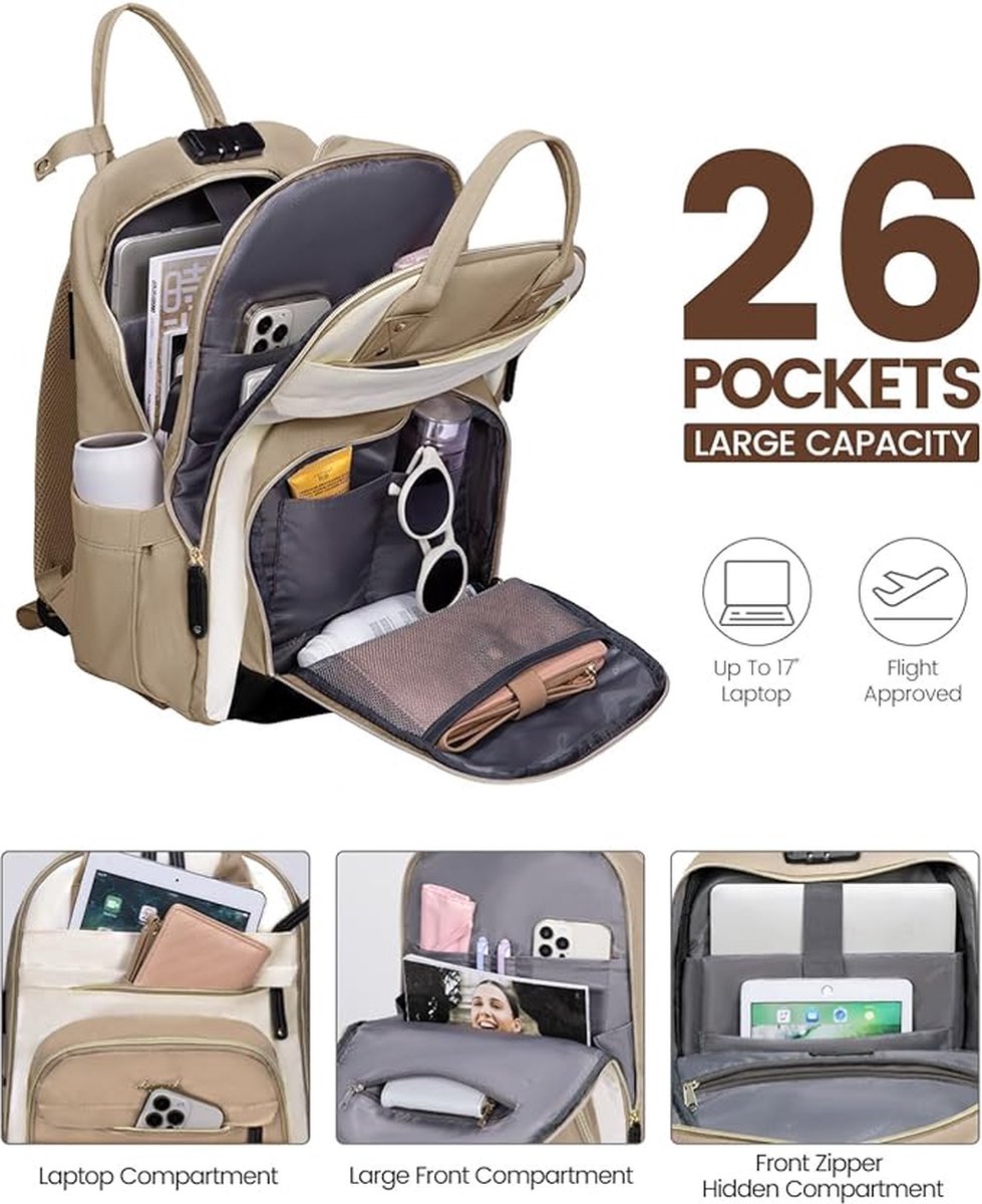 LOVEVOOK Laptoprugzak voor dames met zakje voor grote capaciteit beker, Beige Khaki, 15.6 inch LOVEVOOK Laptoprugzak voor dames met zakje voor grote capaciteit beker, Beige Khaki, 15.6 inch