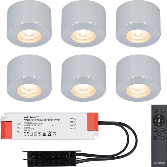 HOFTRONIC Set van 6 Navarra Mini LED Opbouwspots met Trafo - 12 Volt 3 Watt 200 lumen - Dimbaar - Plat 21,5mm - 2700K - IP44 waterdicht - Aluminium