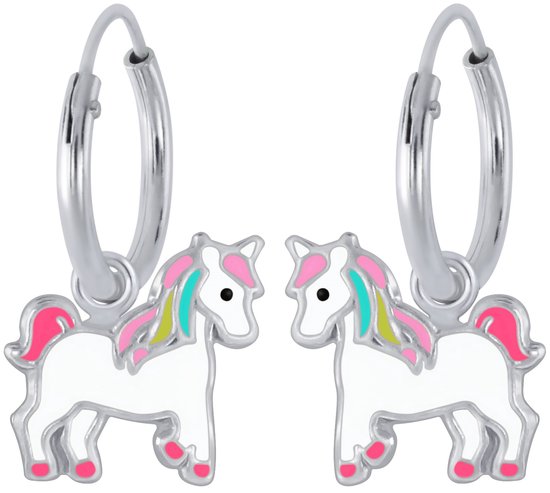 Joy|S - Zilveren paard bedel oorbellen - eenhoorn oorringen - unicorn multicolor