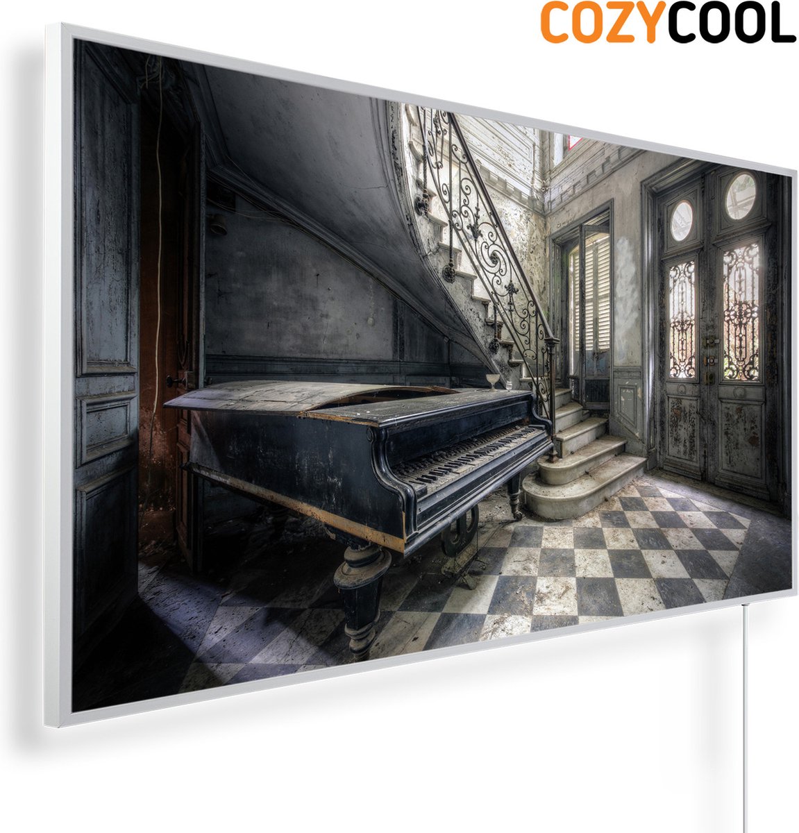 Infraroodpaneel met afbeelding | Piano in verlaten kasteel | 1200 Watt | Witte lijst | Infrarood verwarmingspaneel | Infrarood paneel | Infrarood verwarming