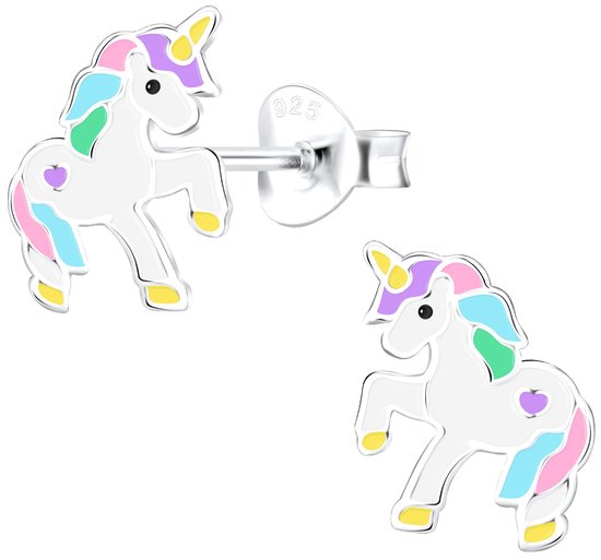 Joy|S - Zilveren pony eenhoorn oorbellen - multicolor unicorn oorknoppen - t17