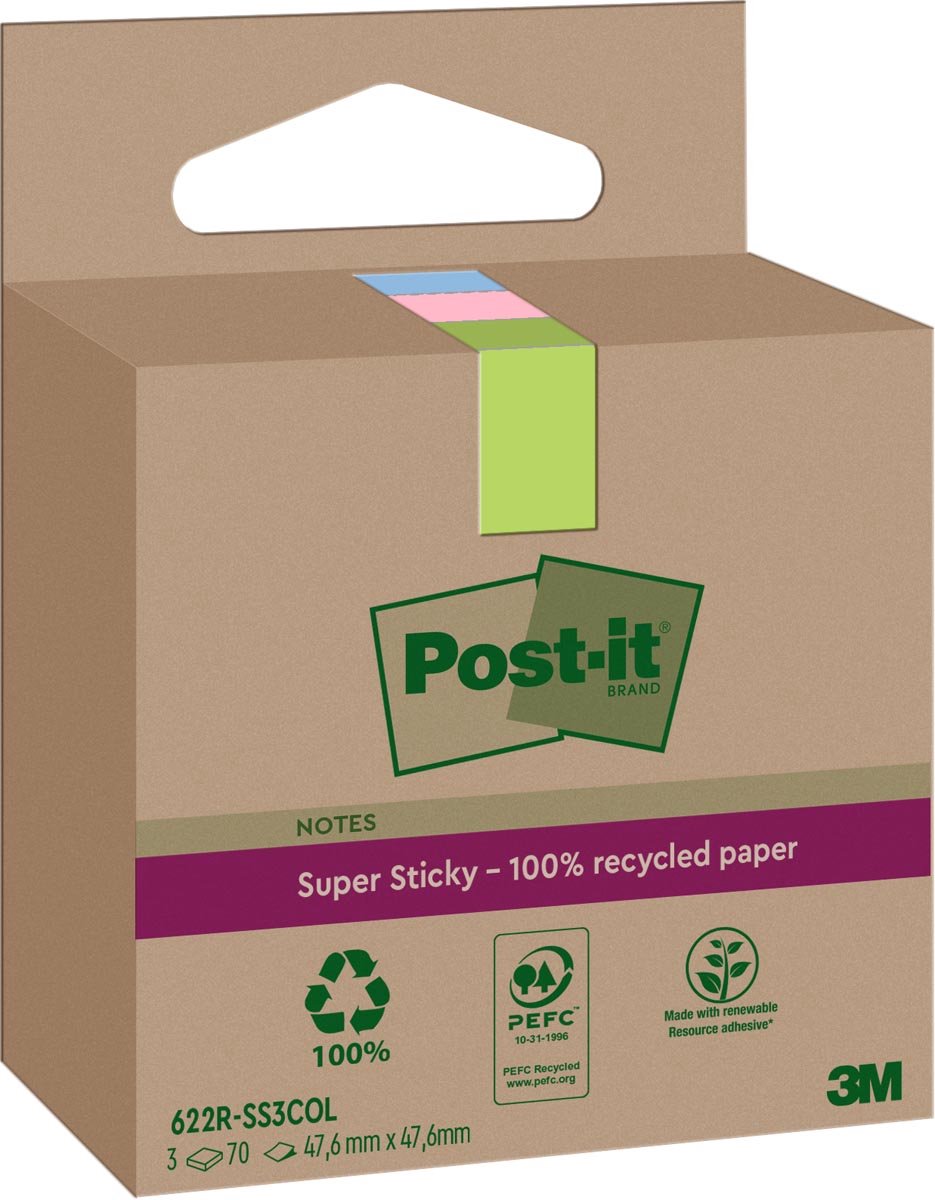 Post-it Super Sticky Notes Recycled, 70 vel, ft 47,6 x 47,6 mm, assorti, pak van 3 blokken