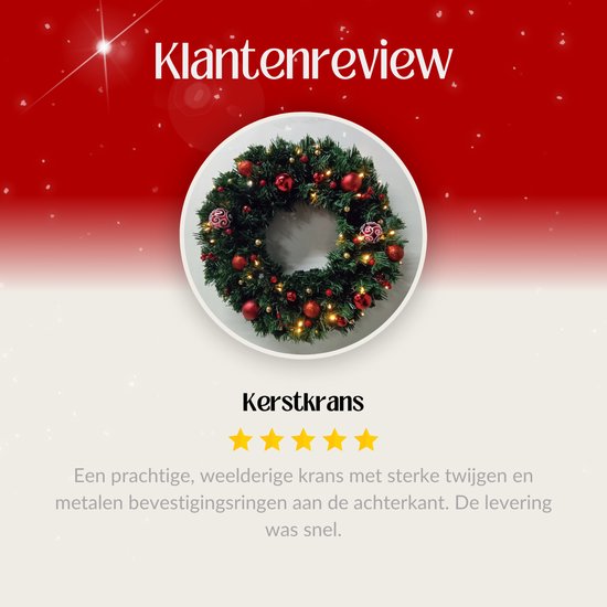 Buxibo PVC Kerstkrans met Decoraties - Groen - Met 40 Lampjes op Batterijbox - 150 Takken - 50cm