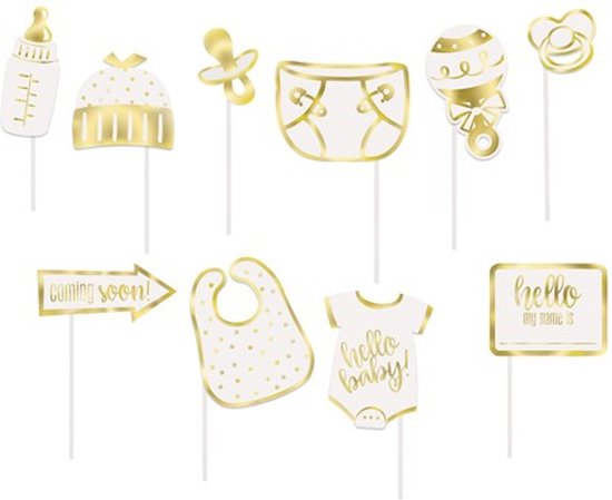 Babyshower fotoprops: flesje, muts, speen, luier, rammelaar, fopspeen, pijl 'coming soon', slab, romper 'hello baby', bordje 'hello my name is'. Wit met gouden details.