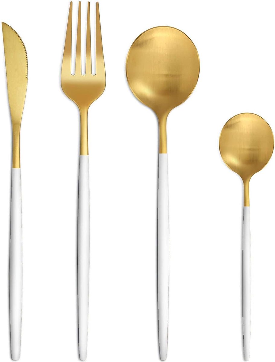 Bestekset voor 6 personen, 24-delige bestekset, met wit, goud, eetbestek, set met mij, Vork, lepel, hoogwaardige roestvrijstalen bestekset, vaatwasmachinefestig
