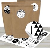 Doe-het-zelf adventskalender om te vullen, met 24 bruine papieren zakjes en 24 zwart-witte stickers, om zelf te maken en te knutselen, mini-set nr. 4, kerstkalender voor kinderen