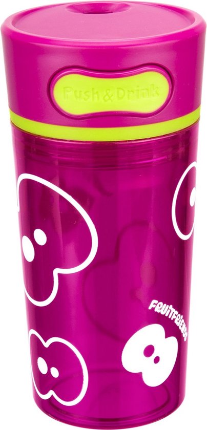 Foto: Fruitfriends push drink drinkbeker 300 ml paars antilek isolerend drinkfles voor kinderen