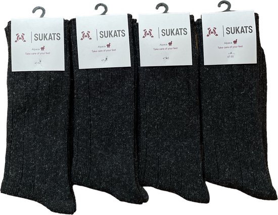 Sukats® Alpaca Sokken - Wollen Sokken - Warme Sokken - 4 Paar - Maat 47-50 - Antraciet