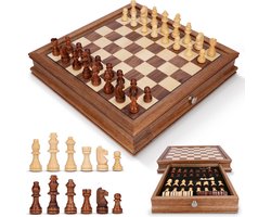 foto van Keebies Handgemaakt Luxe Schaakbord met Schaakstukken en Damstenen - Incl. Opberglade en Digitale Schaakboek - Schaakspel, Schaken, Schaakset, Schaakborden - Volwassenen & Kinderen - Magnetisch / Walnoot Hout