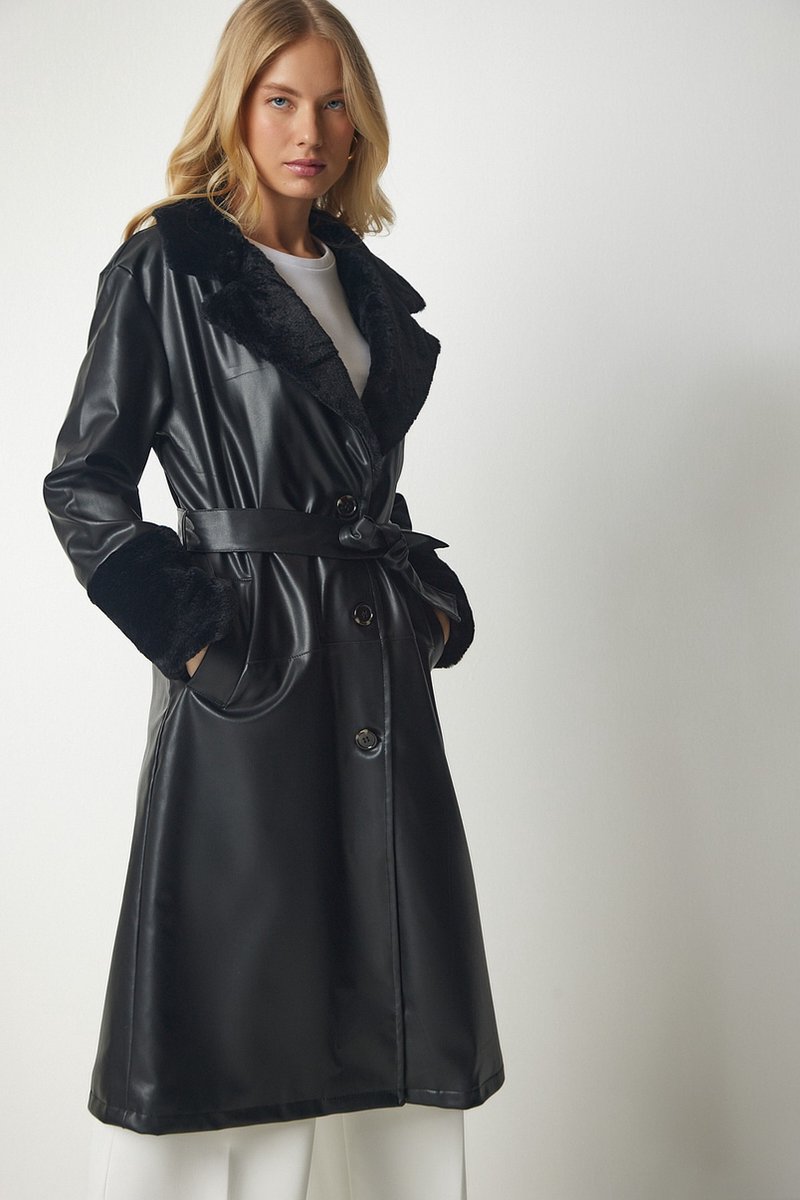 Damesjas met lange mouwen, dubbele rij knopen, elegant, zwart, lentejas