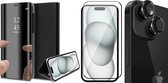 Hoesje geschikt voor iPhone 15 - Screenprotector FullGuard & Camera Lens Screen Protector Zwart - Book Case Spiegel Zwart