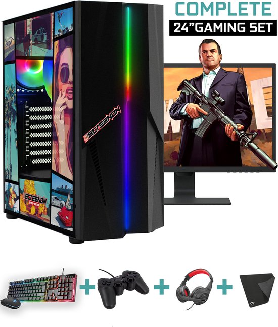 Compleet gaming PC-pakket met PC, monitor, toetsenbord, muis, controller en headset.
