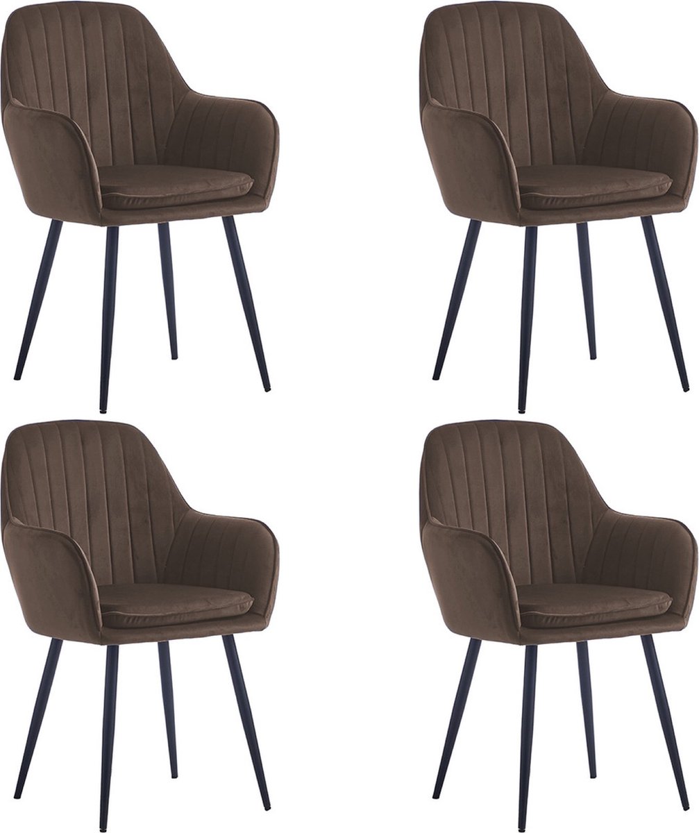 Colenis® - Lavinia Eetkamerstoel - Set Van 4 - Bruin - Fluweel - Velvet - Industrieel - Met armleuning