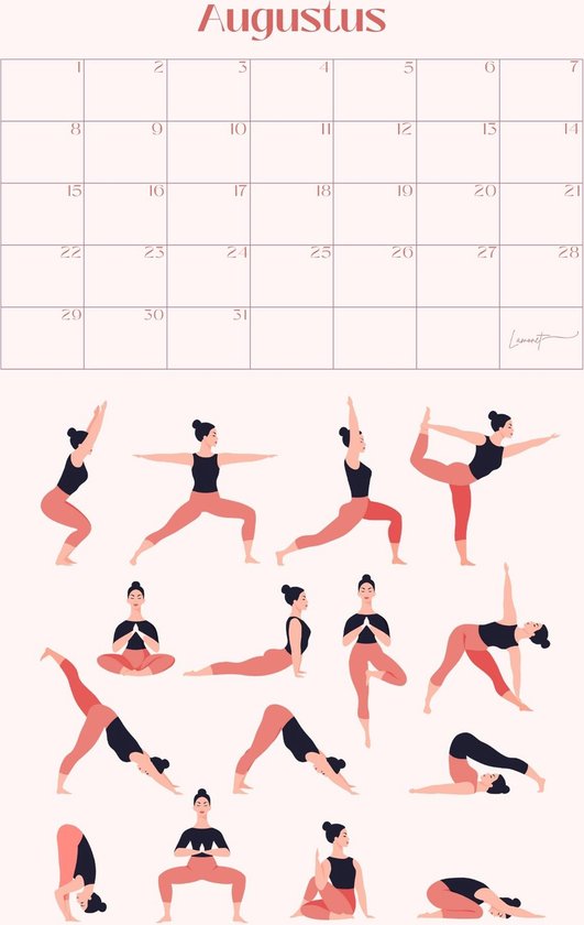 Kalender met 13 yoga poses in zwart en roze sportkleding voor augustus.