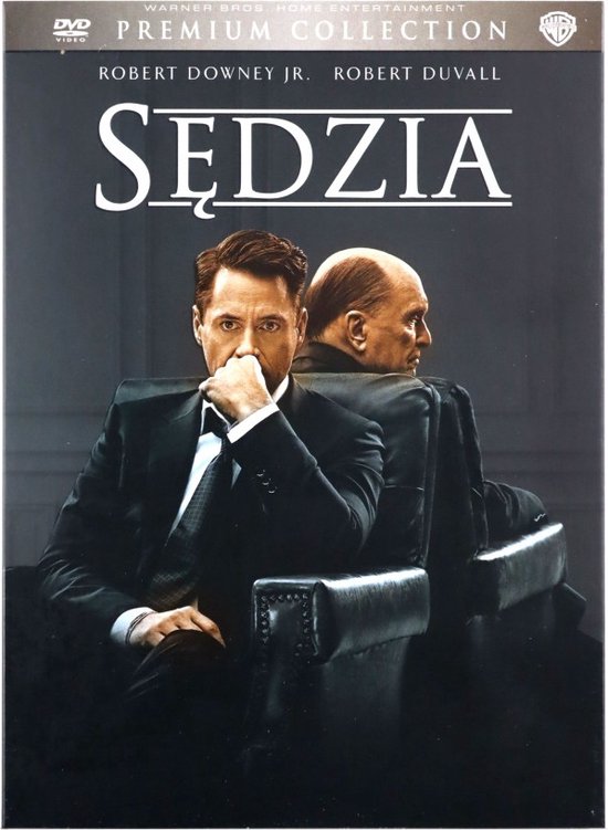 DVD-hoes van 'The Judge' met Robert Downey Jr. en Robert Duvall in pak, zittend op stoelen, met de titel van de film.