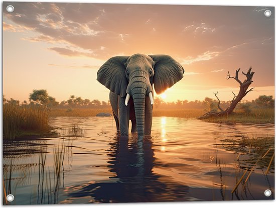 Tuinposter – Olifant Lopend door Laagstaand Beekje bij Zonsondergang - 80x60 cm Foto op Tuinposter (wanddecoratie voor buiten en binnen)