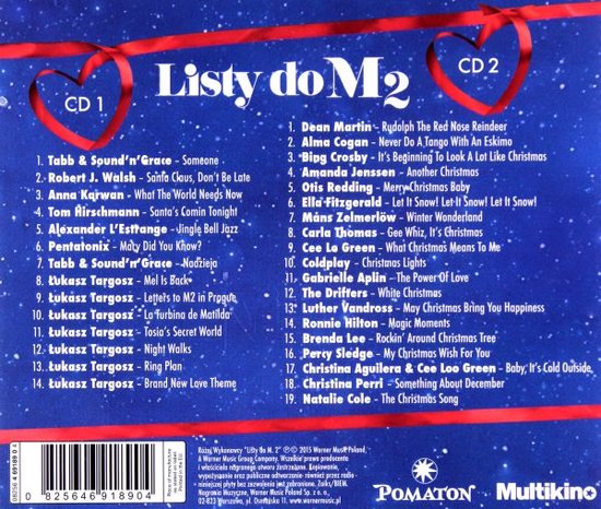 Achterkant van de Listy do M2 soundtrack CD-hoes, met een lijst van nummers, twee CD-symbolen en logo's.